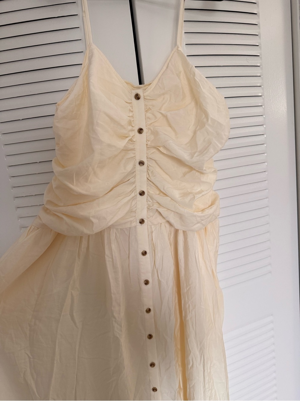 Ruched Button-Front Cream Midi Dress with Spaghetti Straps